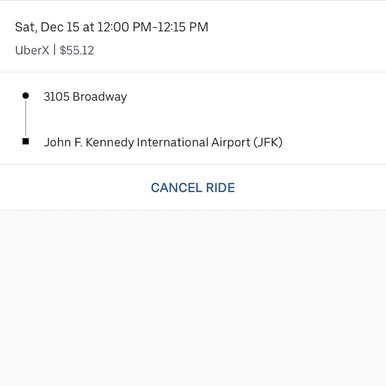 Снимок экрана, показывающий предстоящие поездки в приложении Uber.