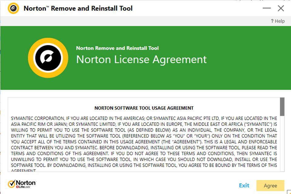 Лицензионное соглашение Norton Remove and Reinstall Tool