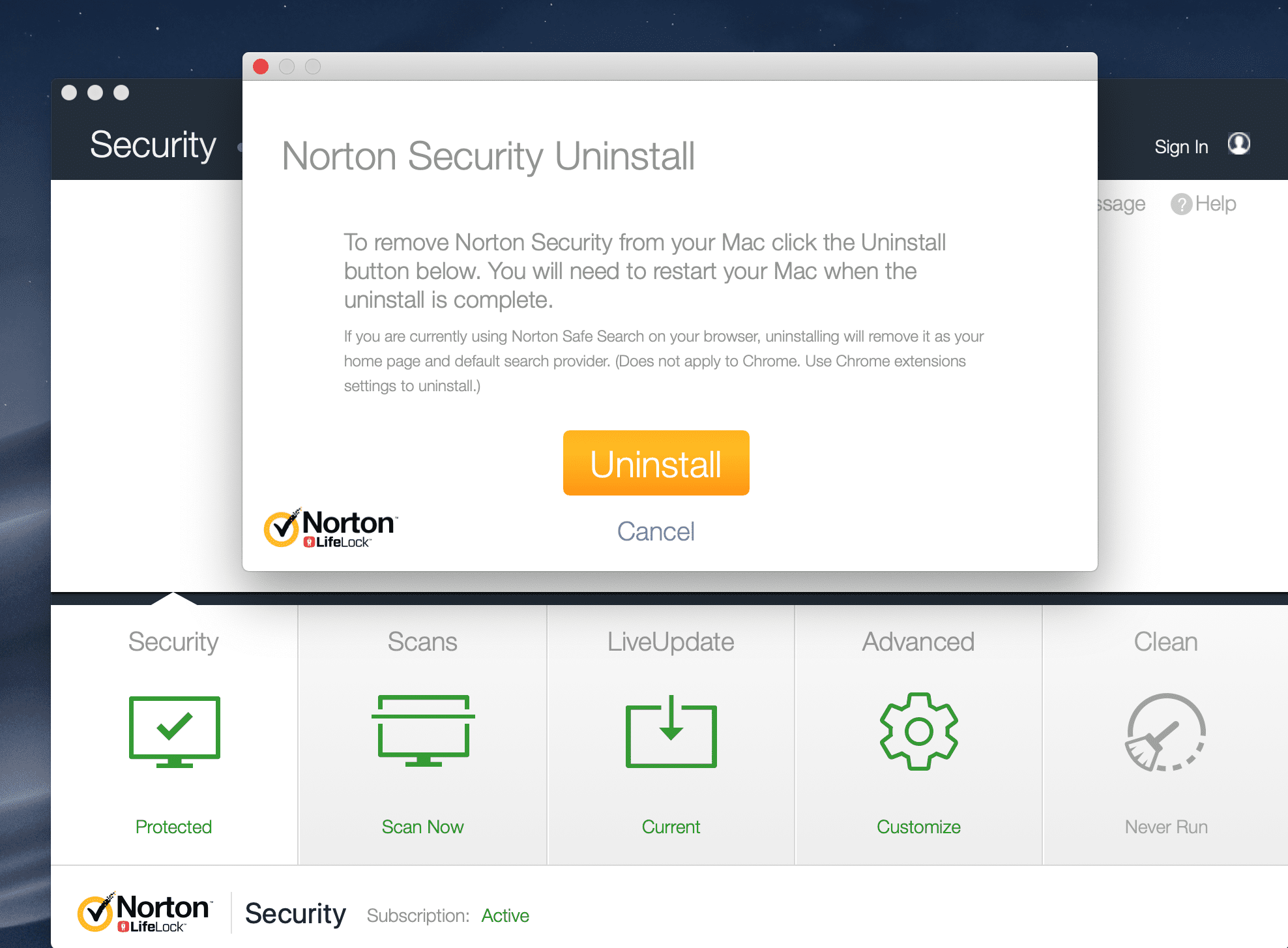 Снимок экрана интерфейса Norton Security Uninstall