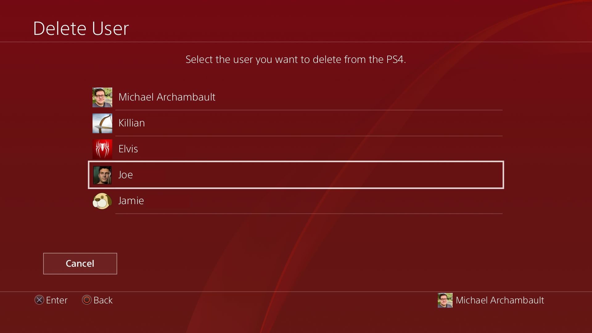 Снимок экрана PlayStation, показывающий пользователей для удаления