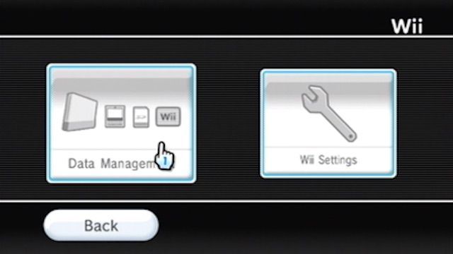 Пункт меню управления данными Wii