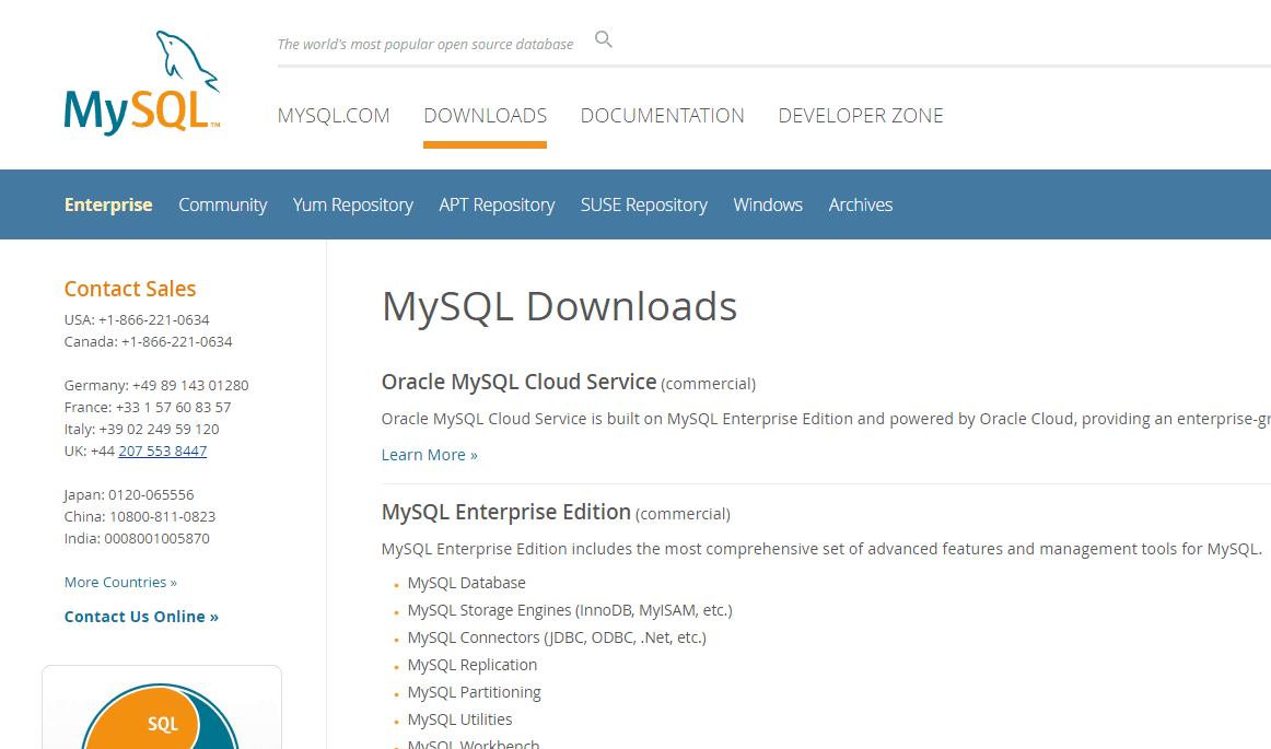 Снимок экрана страницы загрузок MYSQL