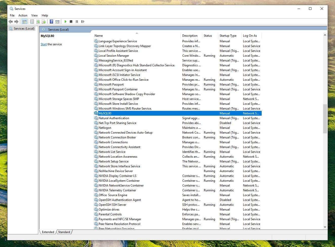 Снимок экрана приложения служб Windows
