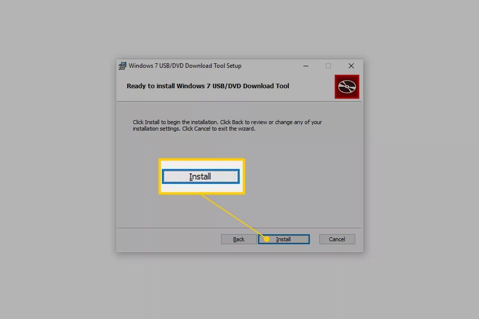 Кнопка установки для Windows 7 USB / DVD Download Tool Setup
