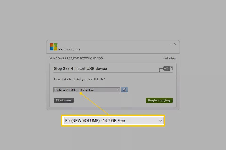 Новый том F в Windows 7 USB Download Tool