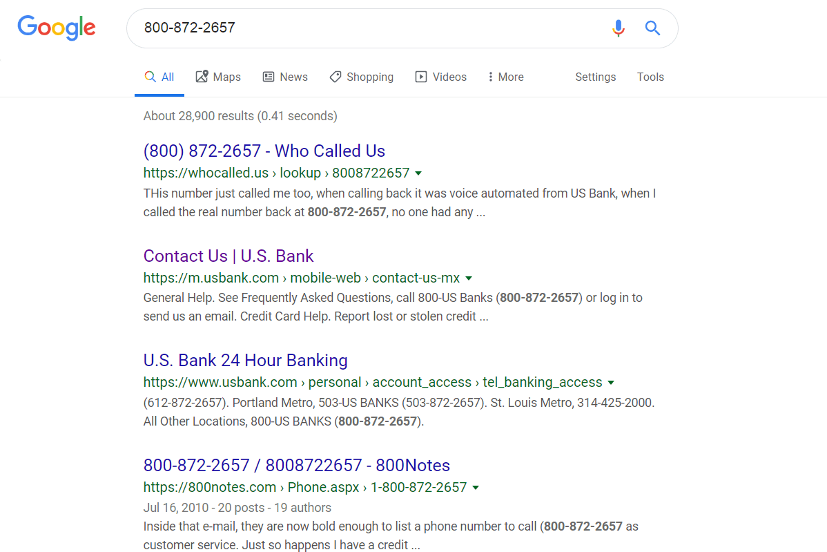 Обратный поиск 800 номеров на Google.com