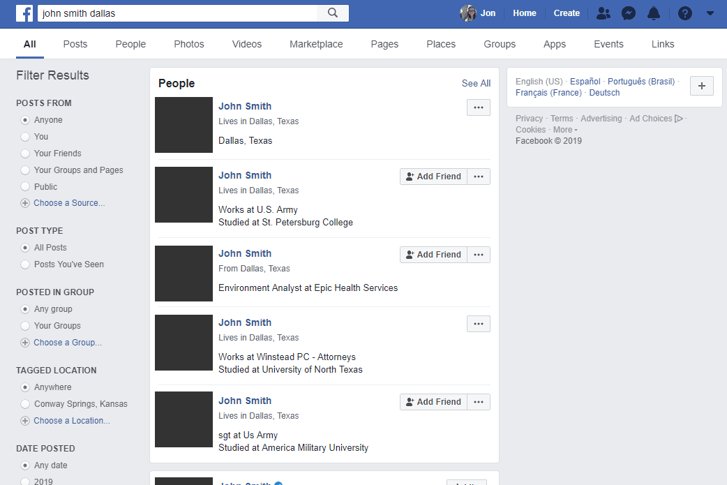 Результаты поиска в Facebook для John Smith Dallas