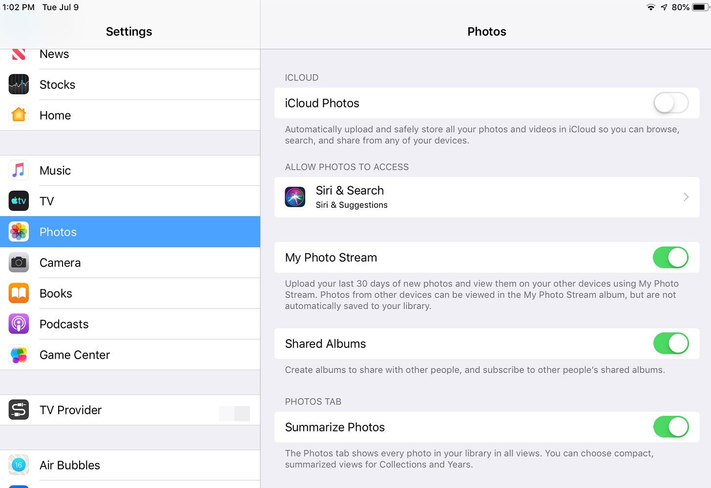Опция My Photo Stream в настройках iPad