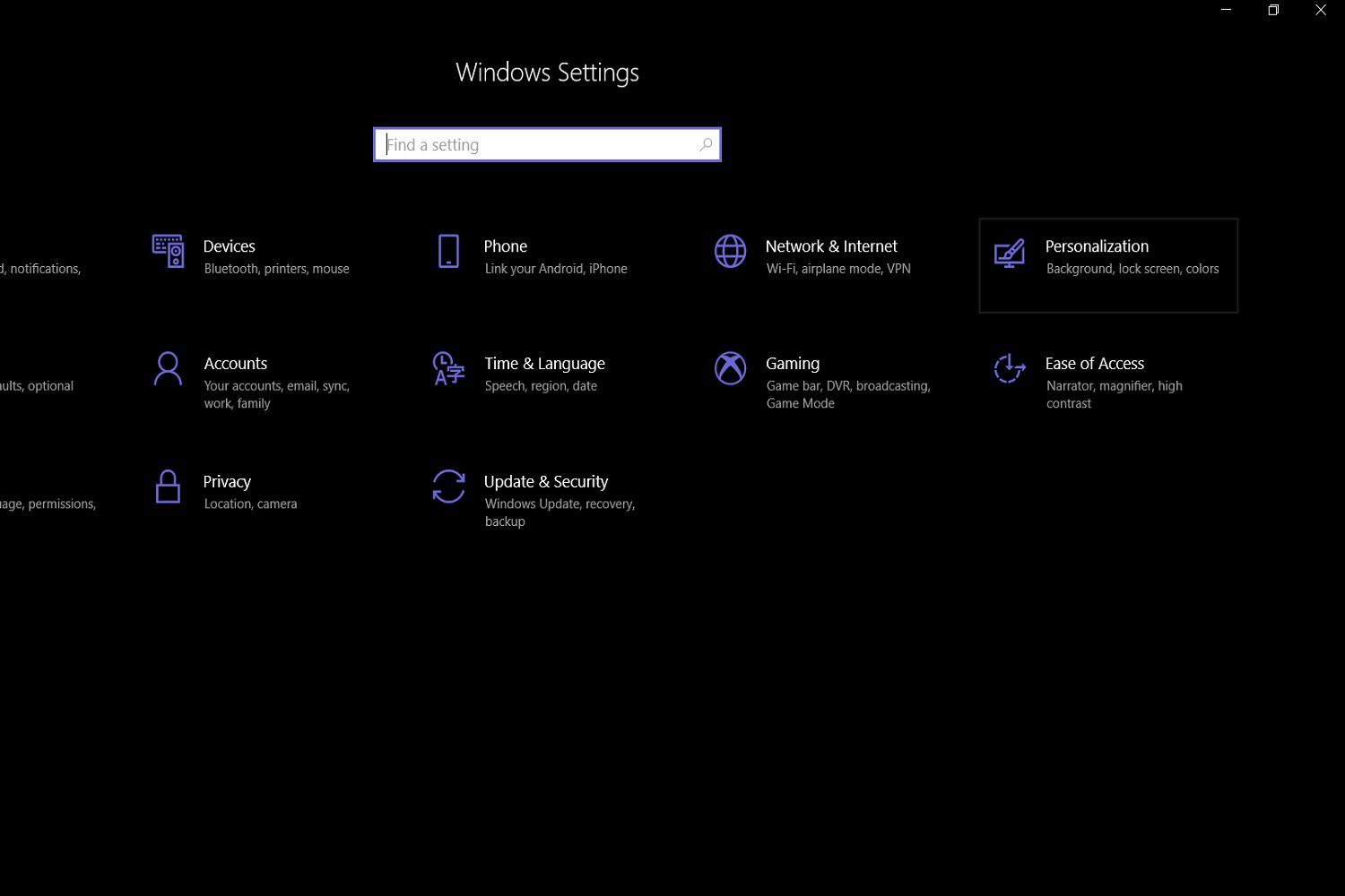 Снимок экрана, показывающий главное меню настроек ПК с Windows 10 и расположение кнопки подменю «Персонализация».