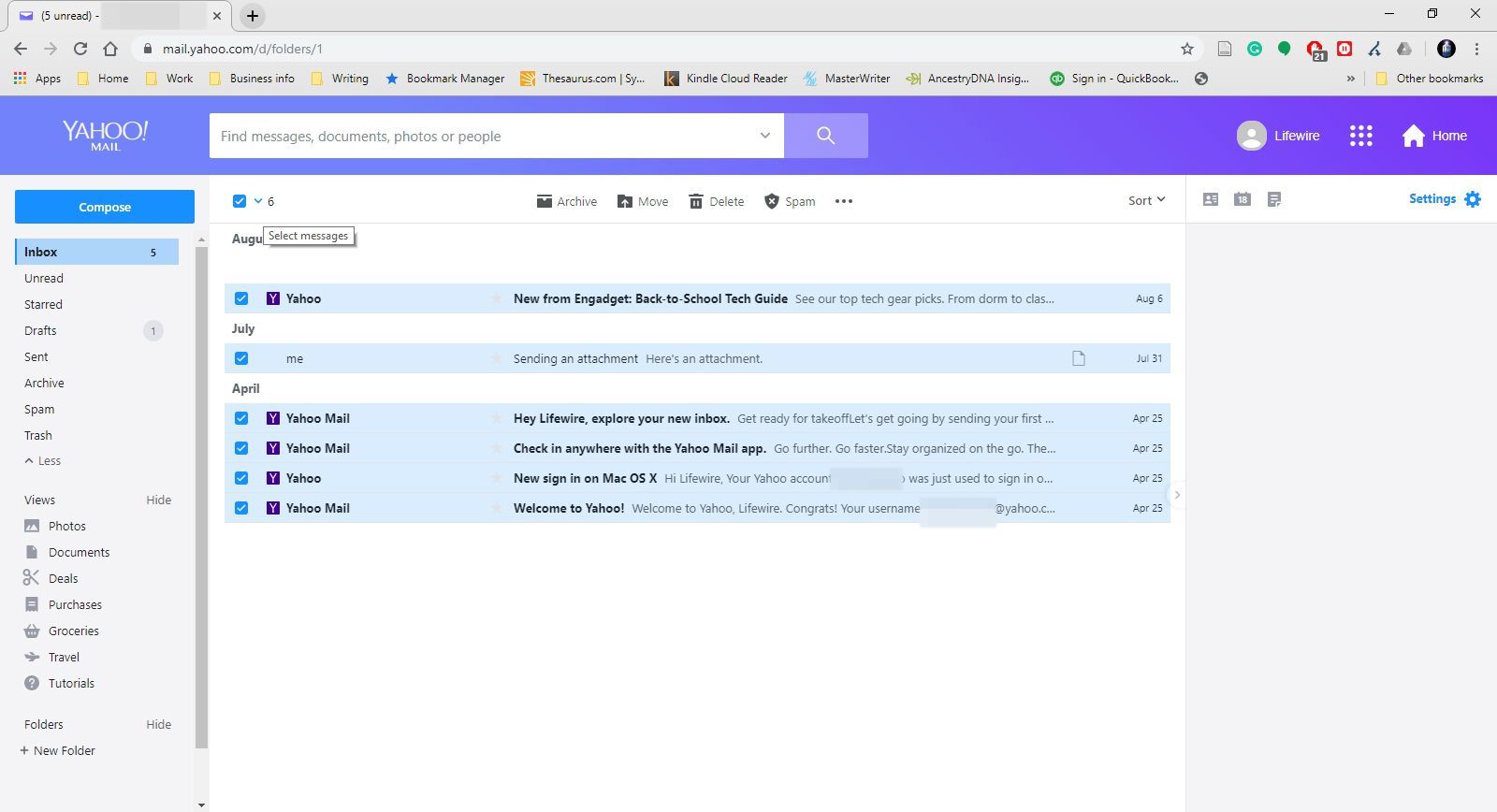 С помощью клавиши Shift выберите все электронные письма в Yahoo Mail.
