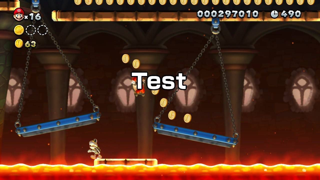 Скриншот нового Super Mario Bros с добавленным'test' text.