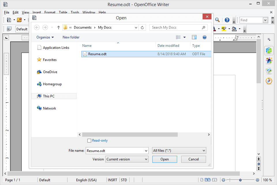 Снимок экрана, показывающий, как открыть файл ODT с помощью OpenOffice Writer