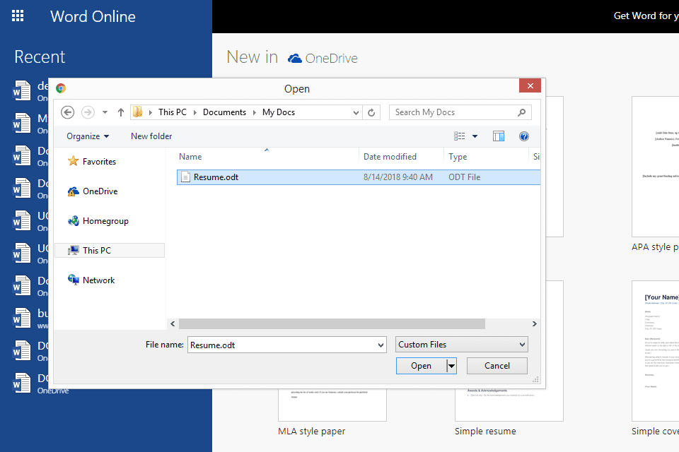 Снимок экрана, показывающий, как использовать Word Online для открытия файла ODT