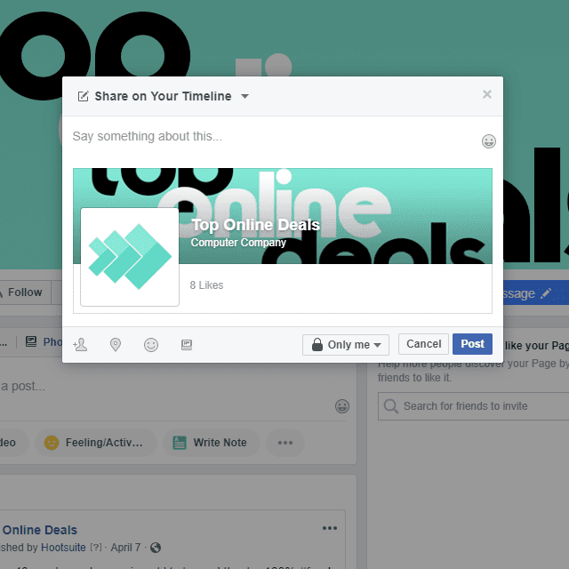 Снимок экрана, показывающий, как поделиться страницей Facebook на собственной временной шкале