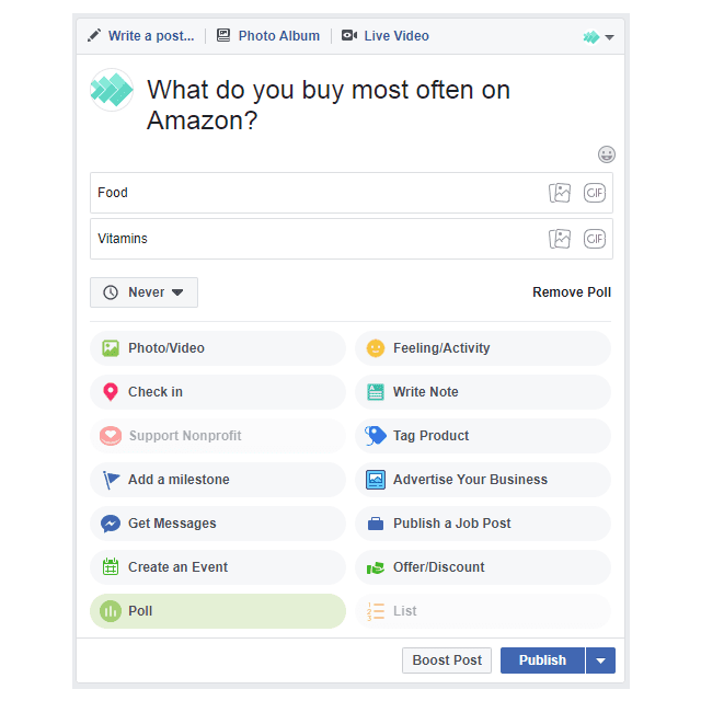 Снимок экрана, показывающий, как сделать опрос в Facebook
