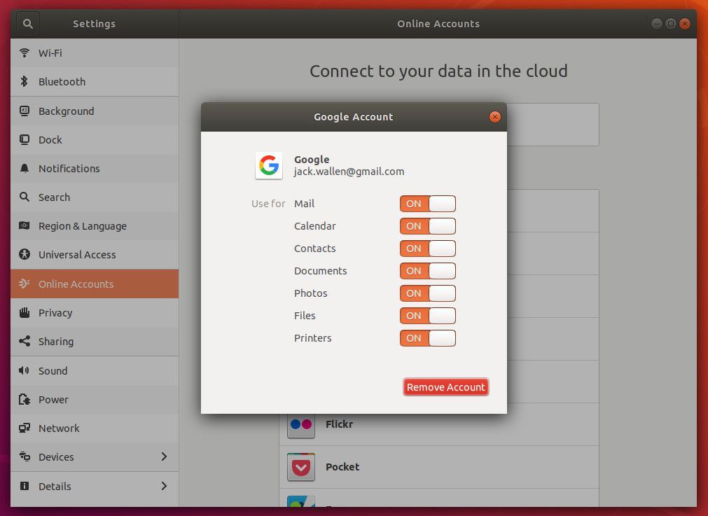 Выбор сервисов Google для добавления в GNOME.