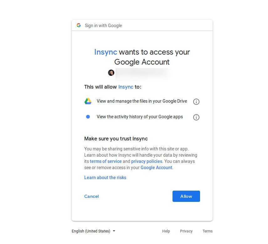 Предоставление Insync разрешения на доступ к вашей учетной записи Google Drive.