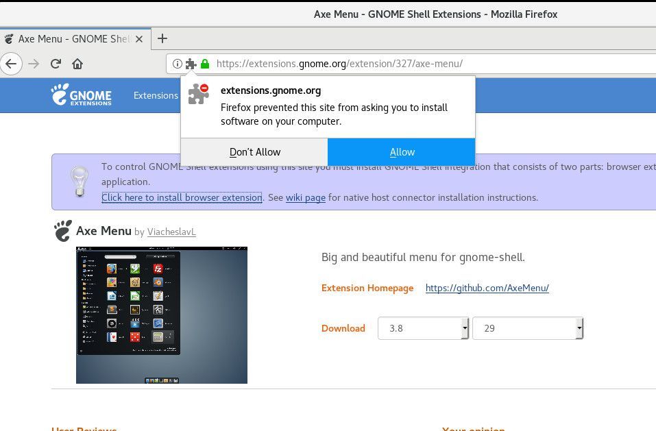 Снимок экрана установки установщика расширения браузера в Linux.