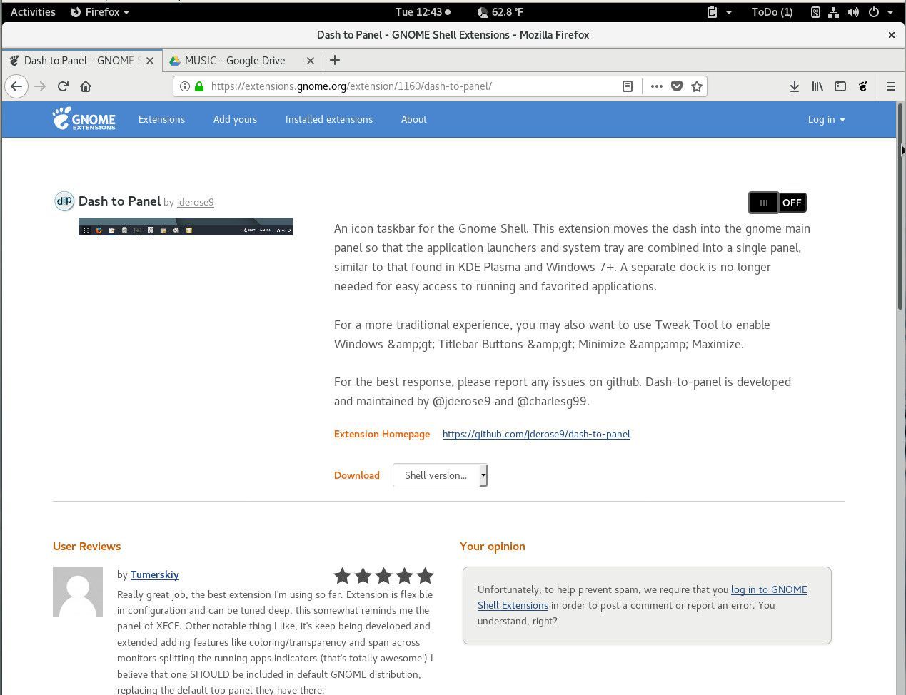 Снимок экрана: страница расширения оболочки GNOME.