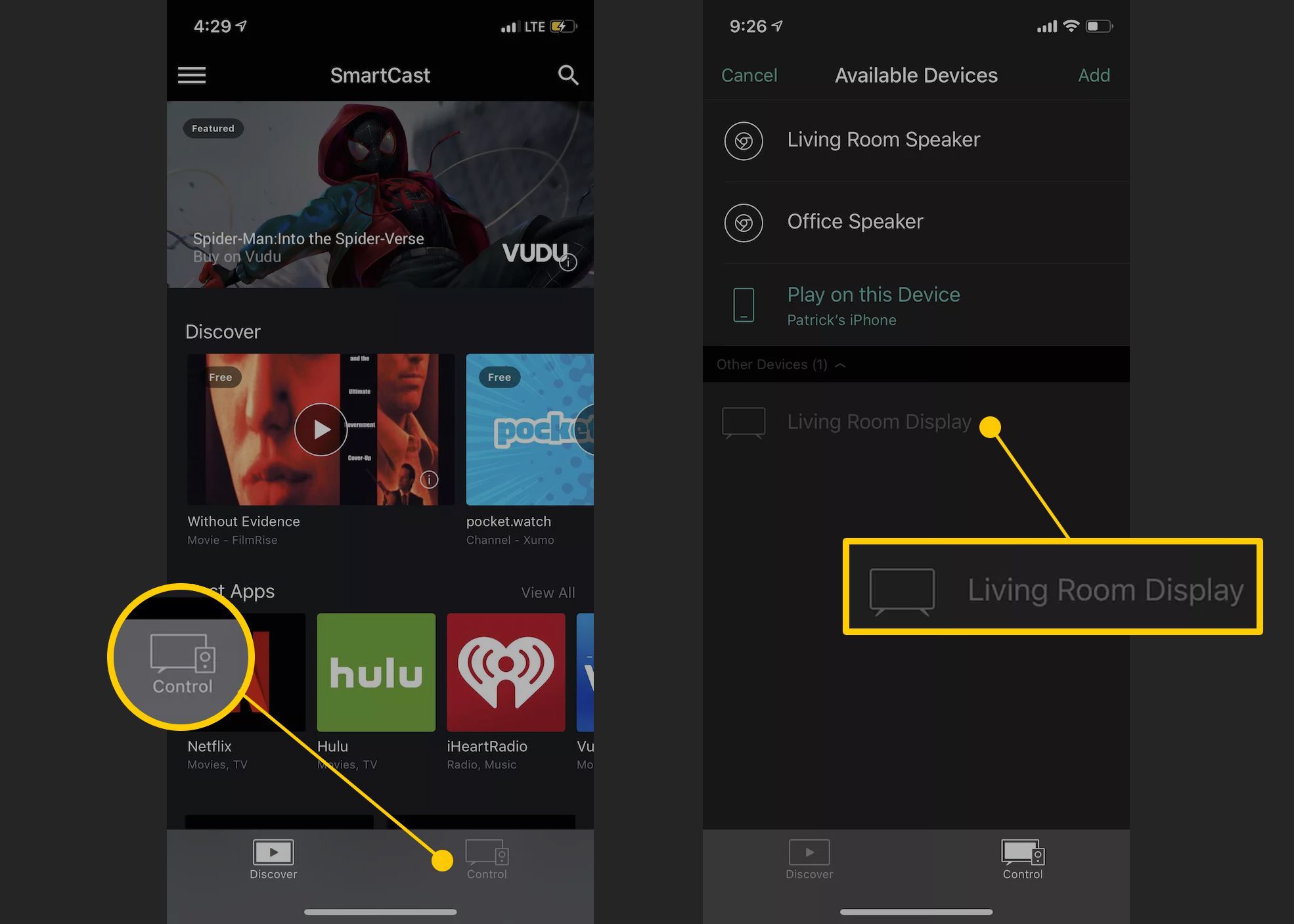 Кнопка управления и ТВ-дисплей для гостиной комнаты в приложении Vizio для iOS
