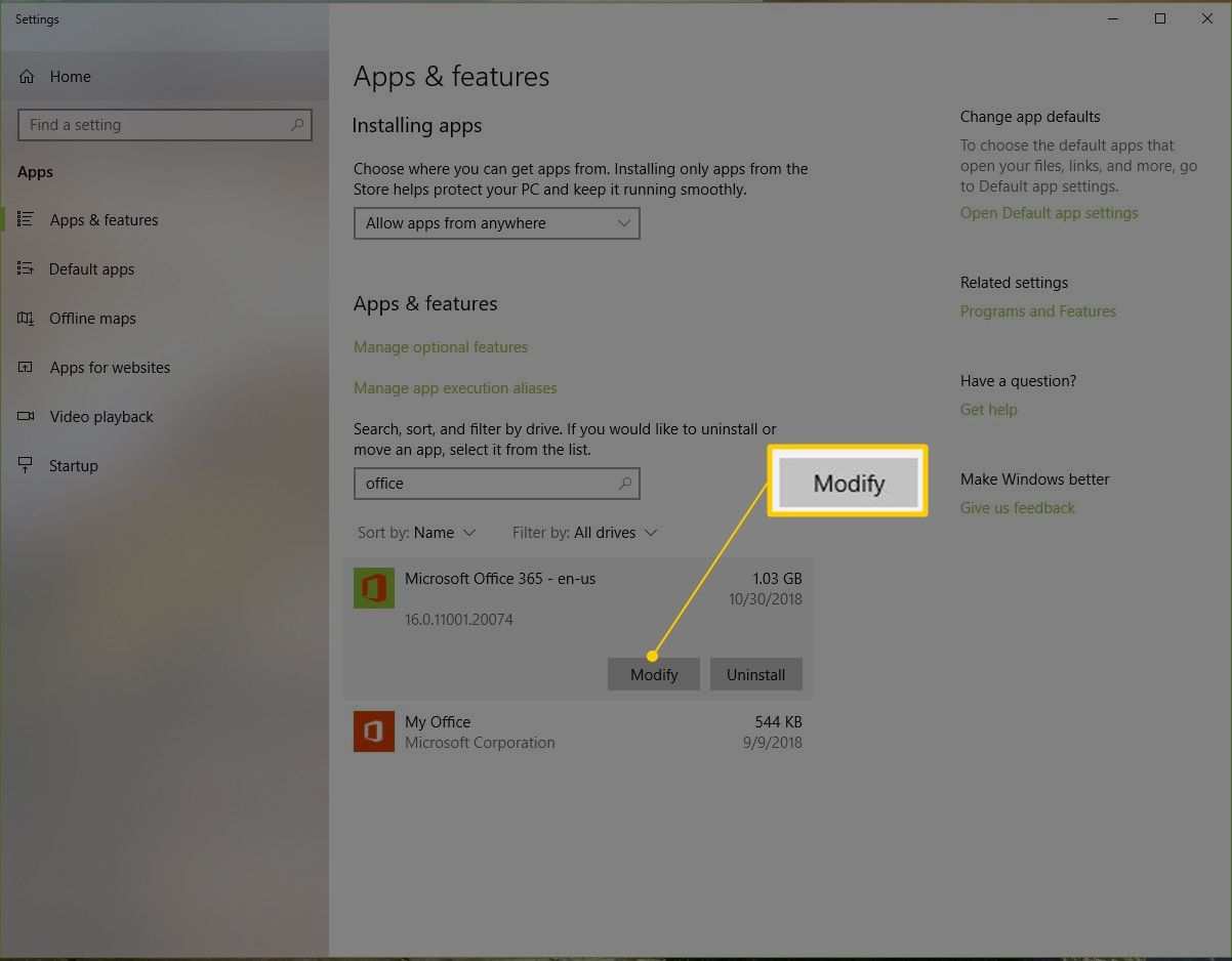 Кнопка изменения Office 365 в приложениях и функциях Windows
