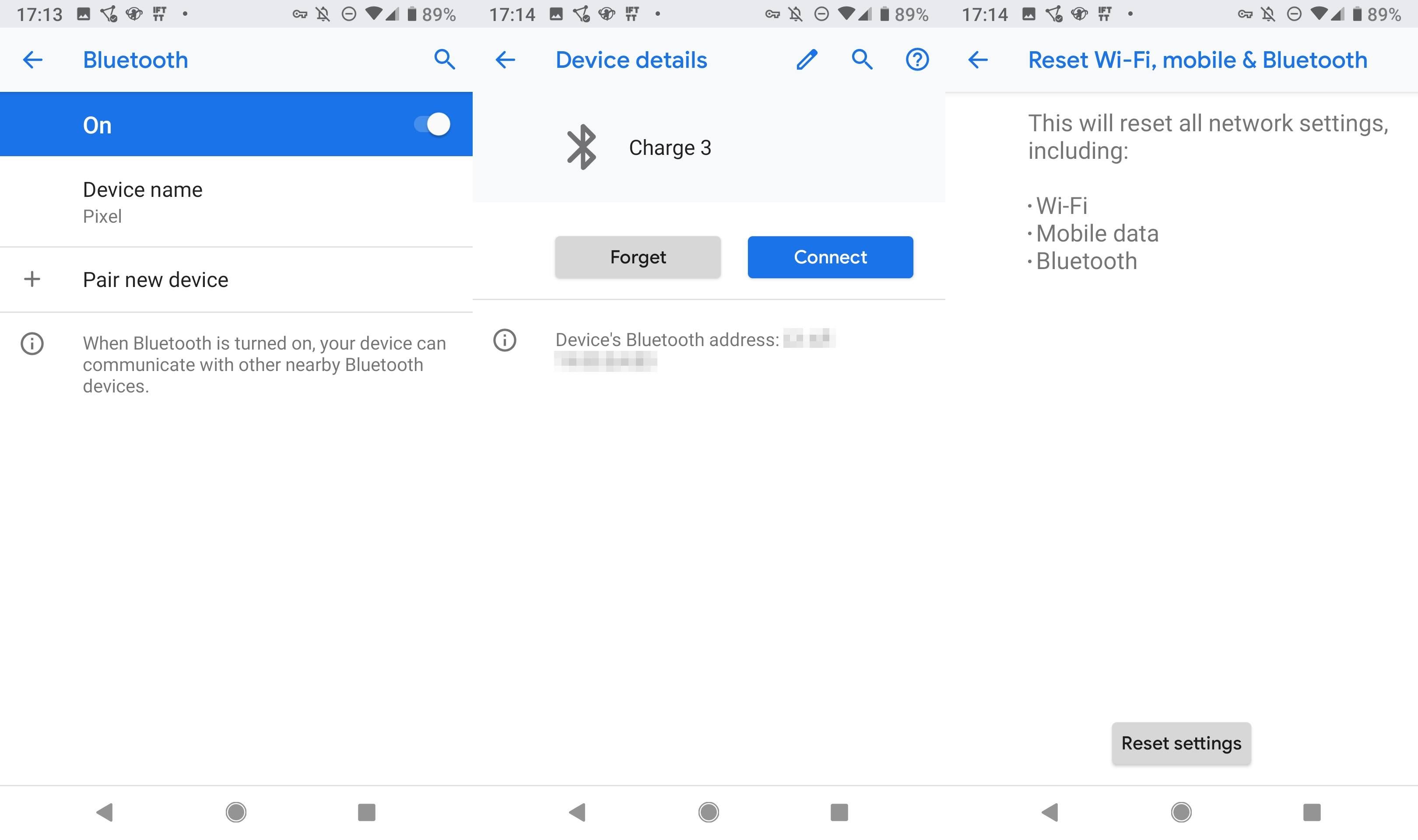 Снимки экрана Bluetooth, сведения об устройстве и сброс настроек Bluetooth в Google Pixel