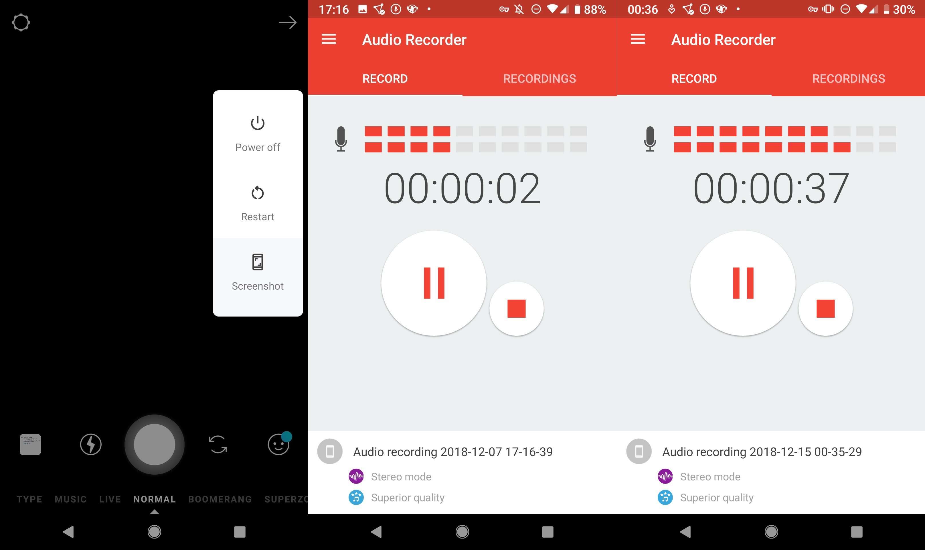 Снимки экрана: меню Google Pixel Power и приложение для записи звука с различными уровнями входного сигнала