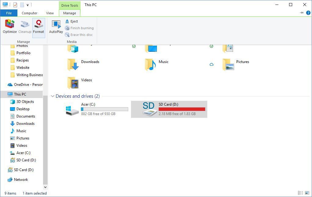 Снимок экрана, показывающий, как отформатировать SD-карту в Windows