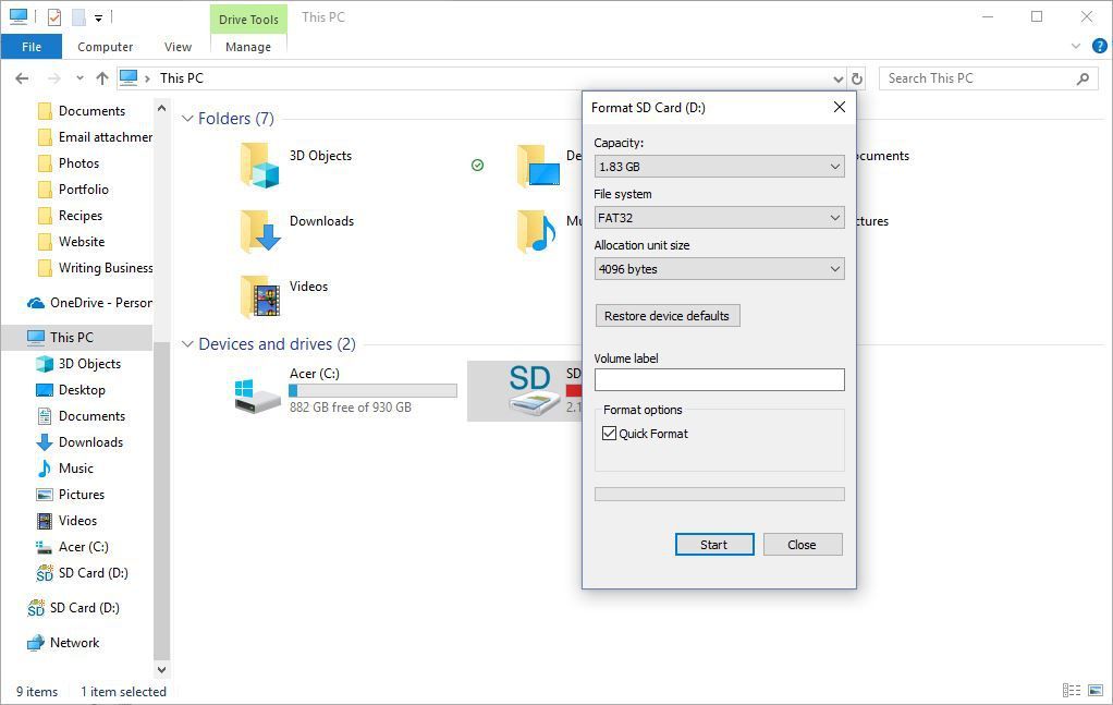 Снимок экрана, показывающий параметры формата для SD-карты в Windows