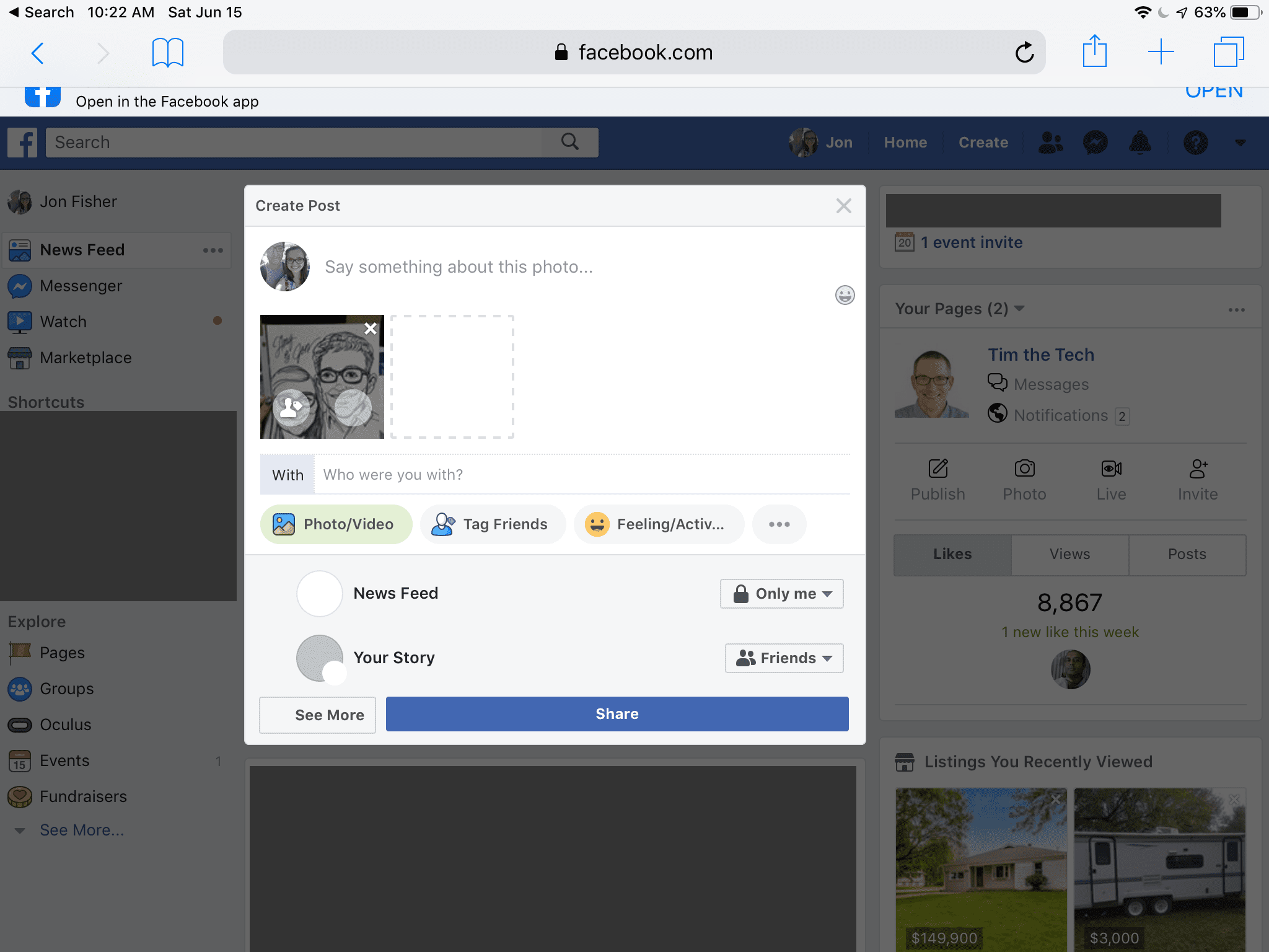 Экран «Создать пост» на мобильном телефоне Facebook для iPad