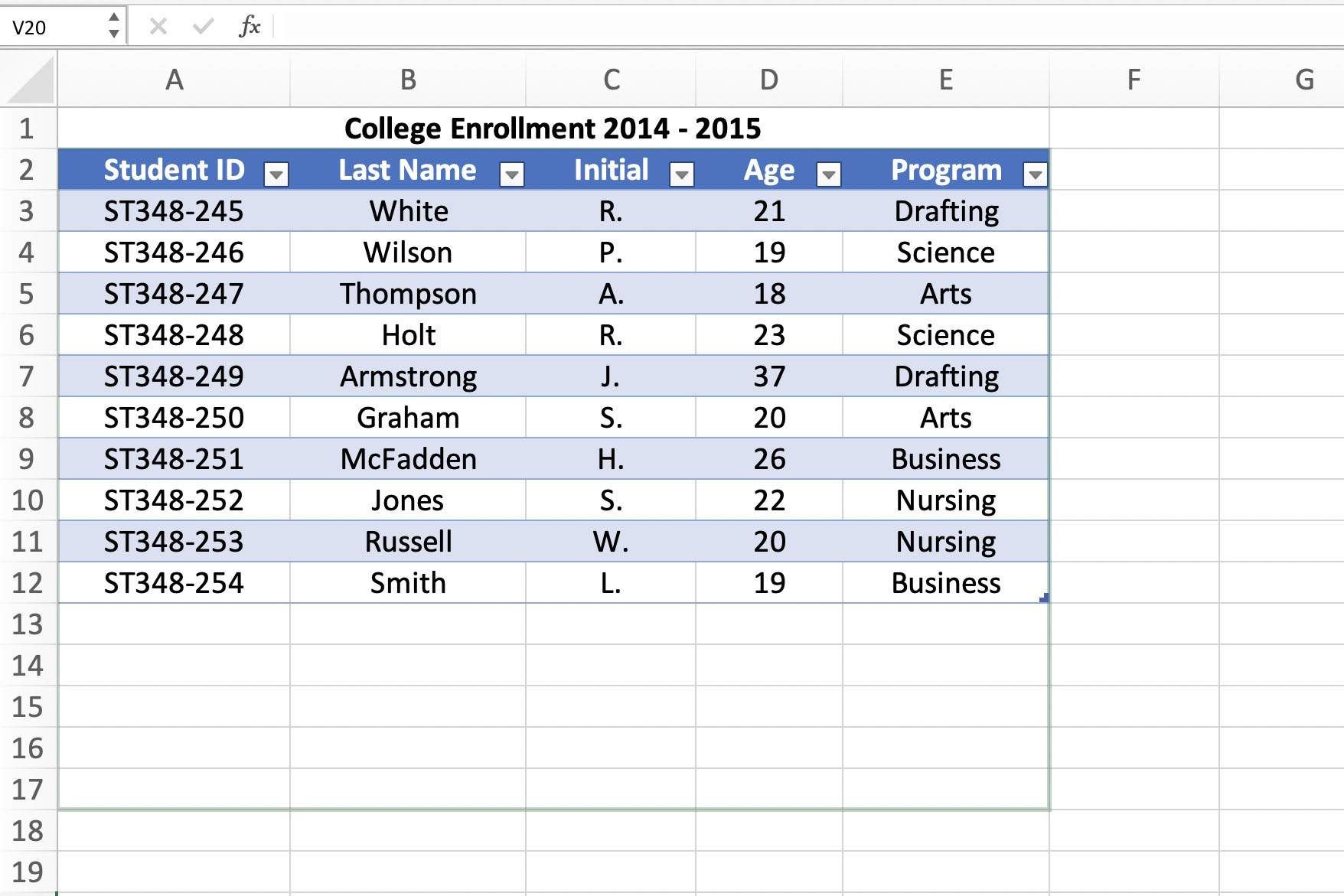 Снимок экрана Excel, показывающий увеличение диапазона таблицы