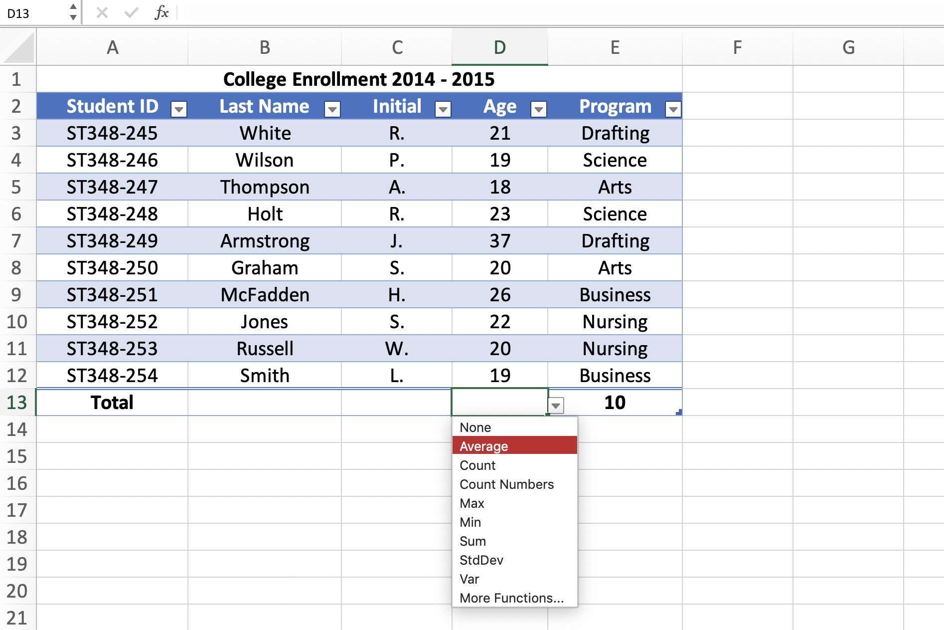 Снимок экрана Excel, показывающий общую функцию строки