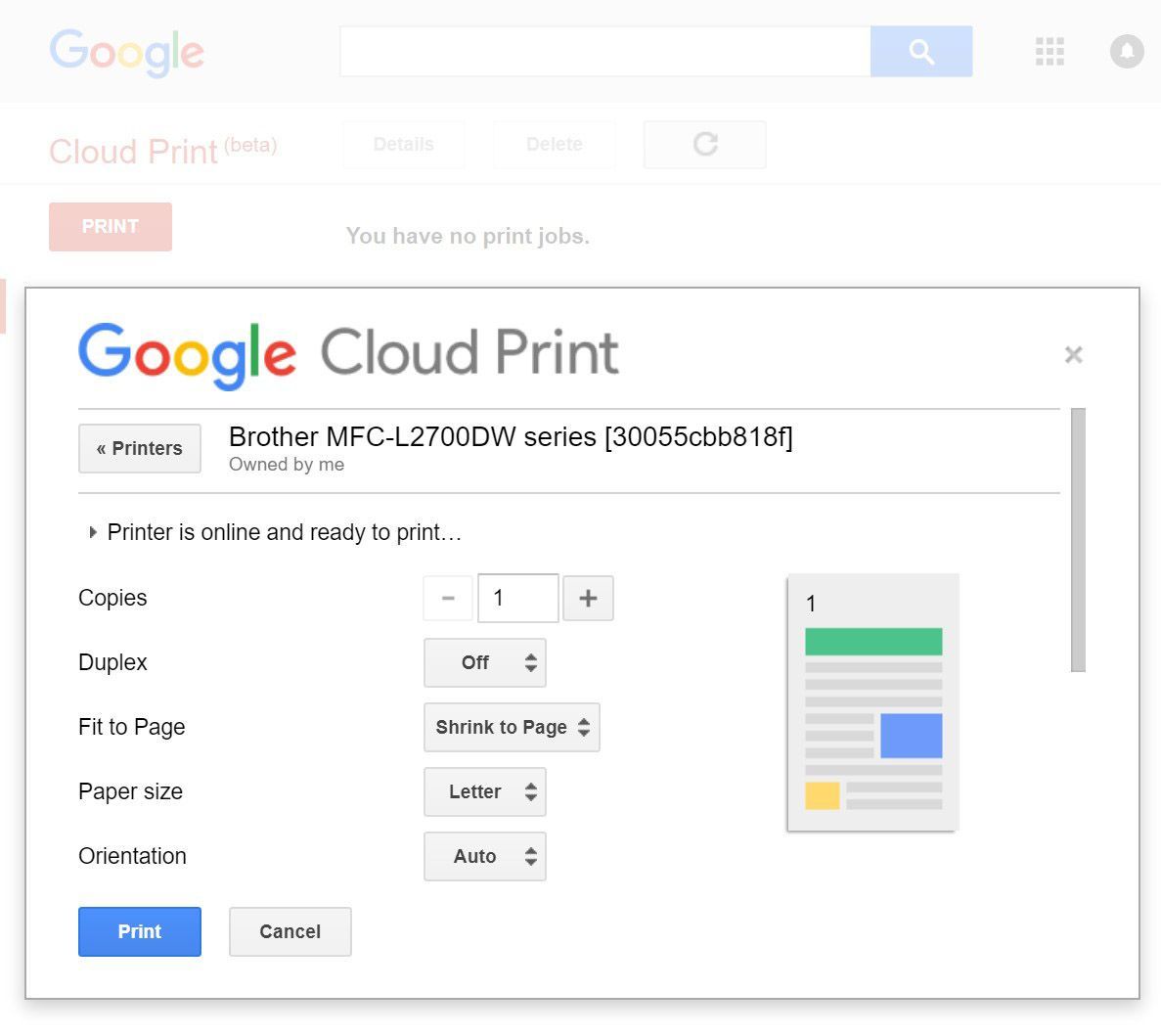 Параметры принтера Google Cloud Print
