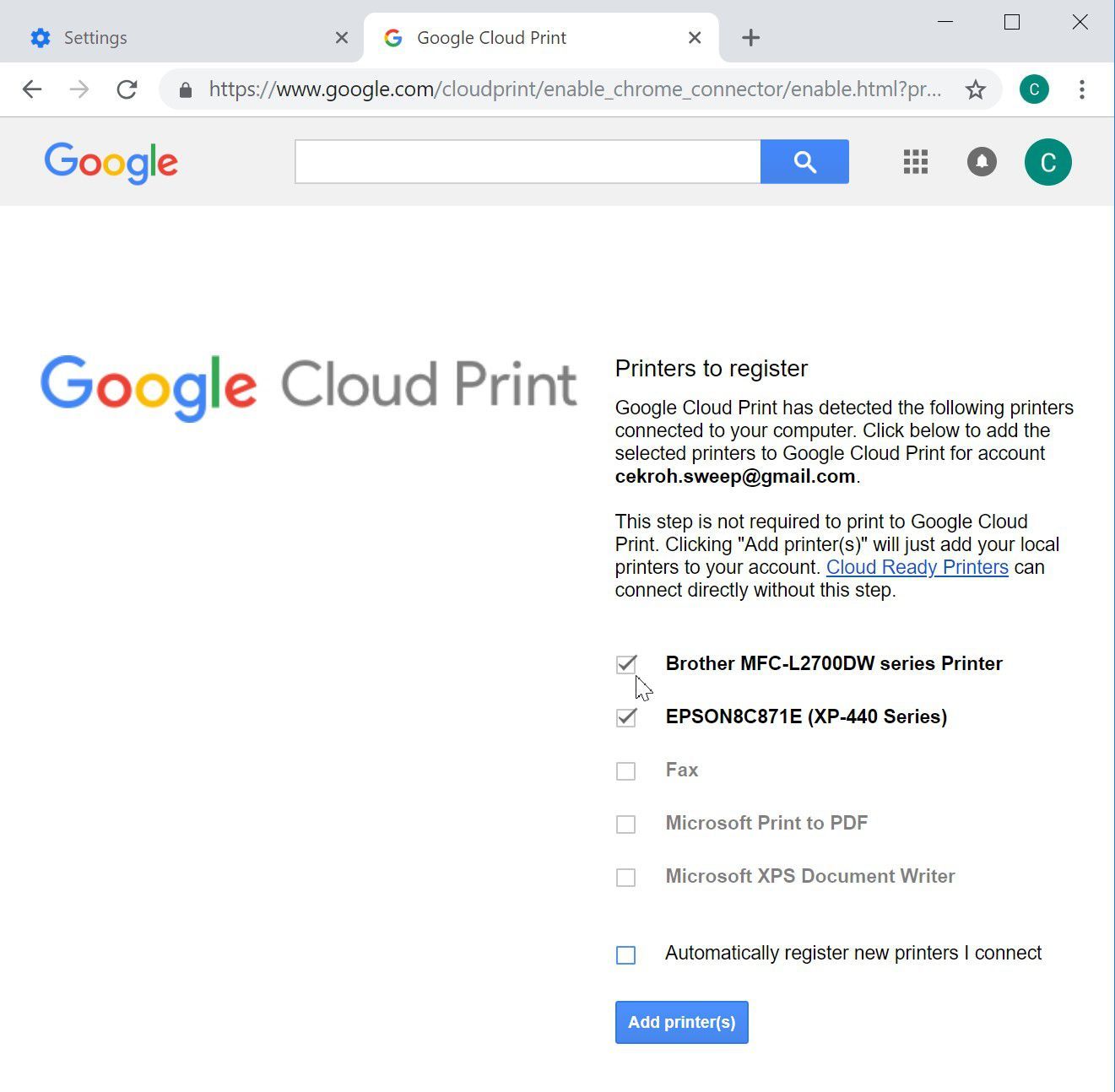 Регистрация принтеров с помощью Google Cloud Print