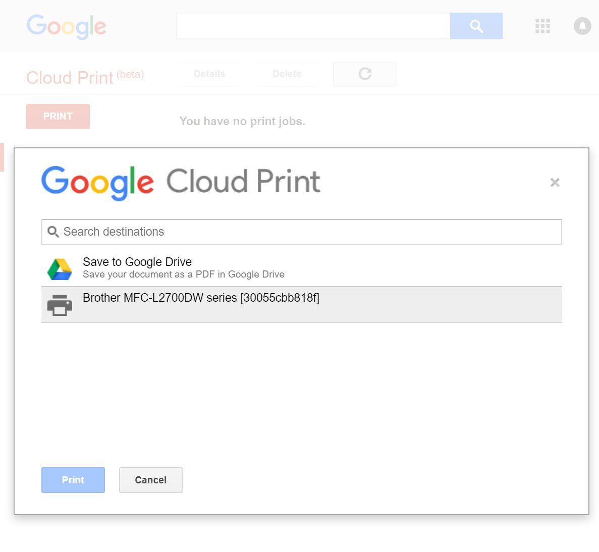 Выбор принтера Google Cloud Print