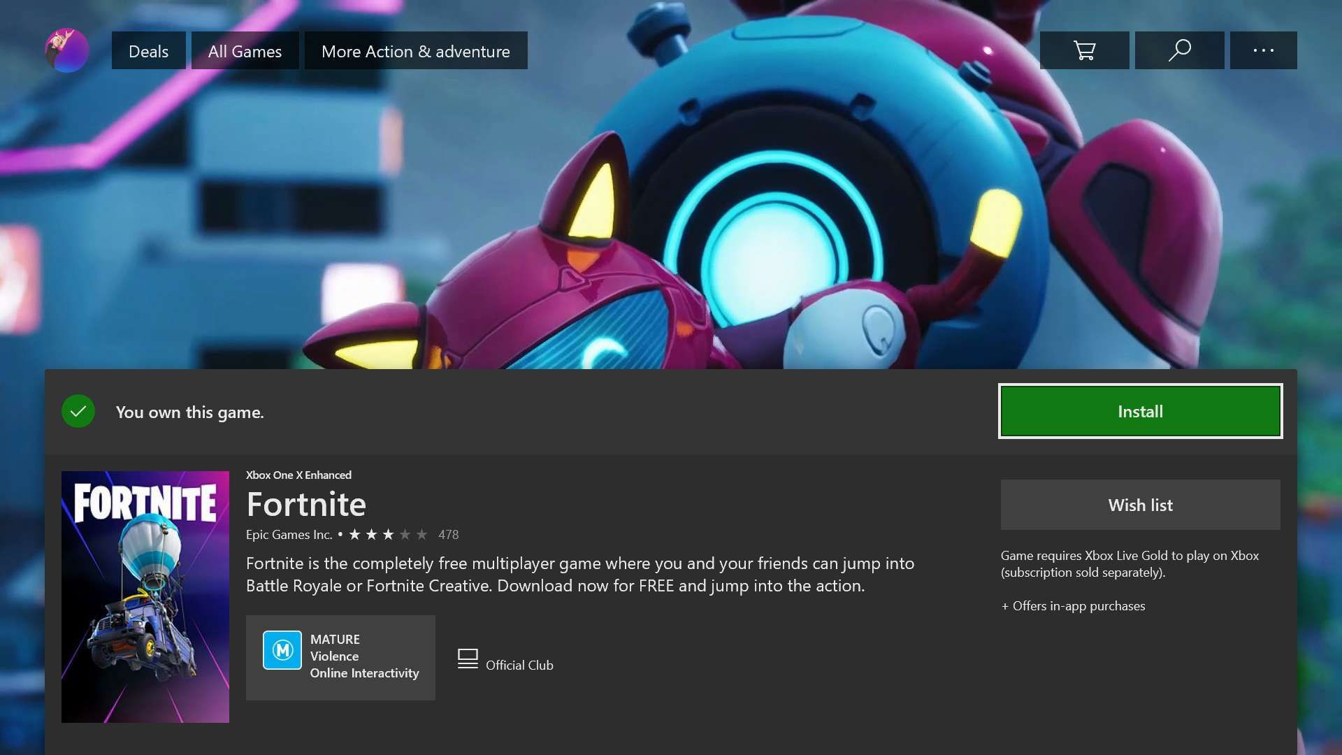 Видеоигра Fortnite в магазине консолей Xbox One.