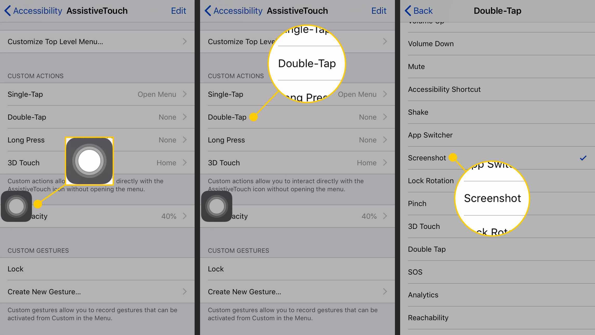 Назначение двойного нажатия, чтобы сделать снимок экрана в AssistiveTouch на iPhone