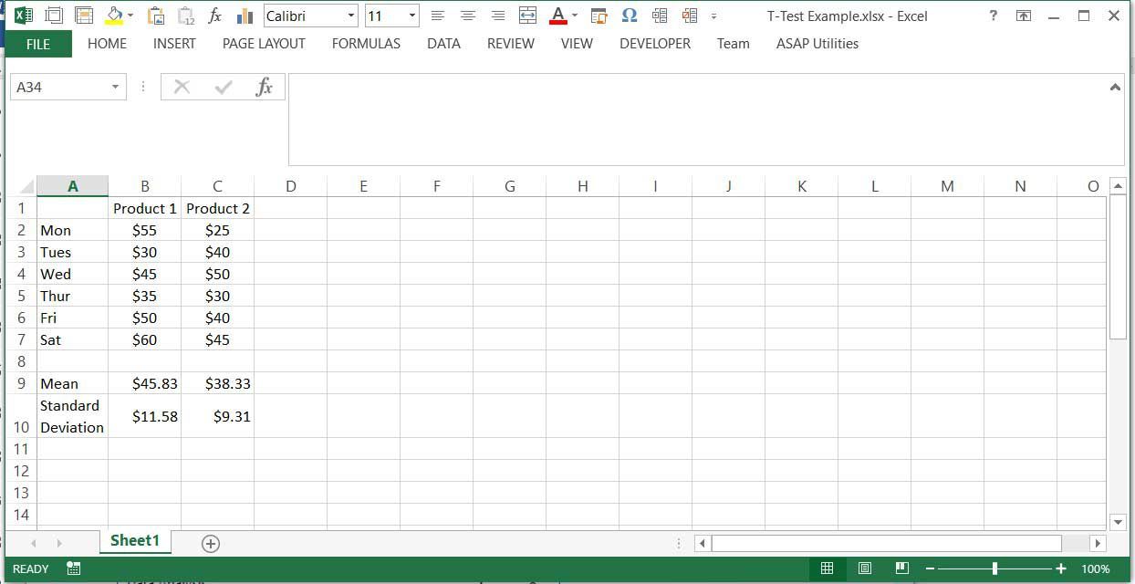 Введите два образца данных перед выполнением t-теста в Excel