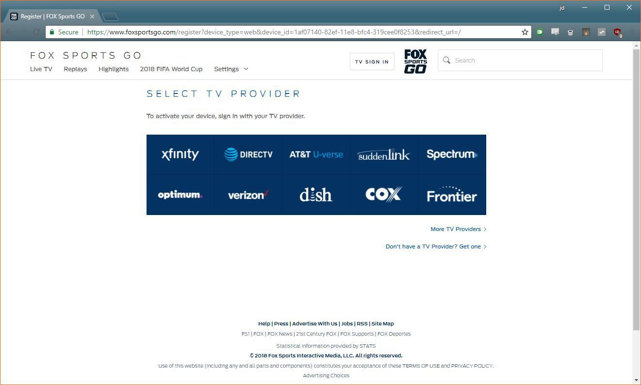 Скриншот страницы выбора провайдера Fox Sports Go TV.