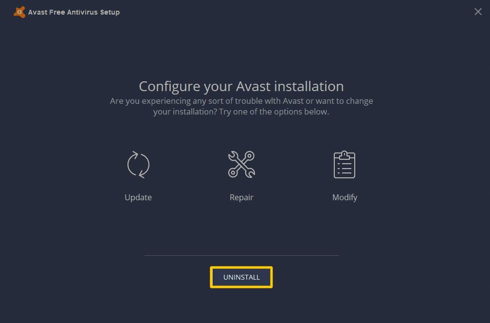 Скриншот опции удаления в Avast Antivirus