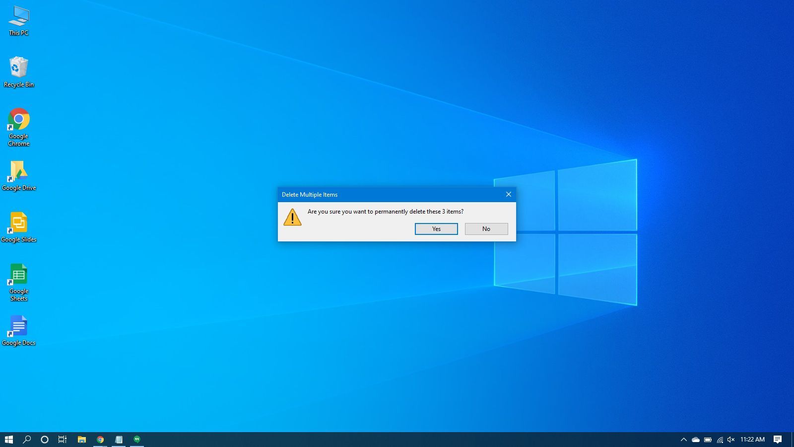Подтверждение удаления файлов в корзине в Windows 10.