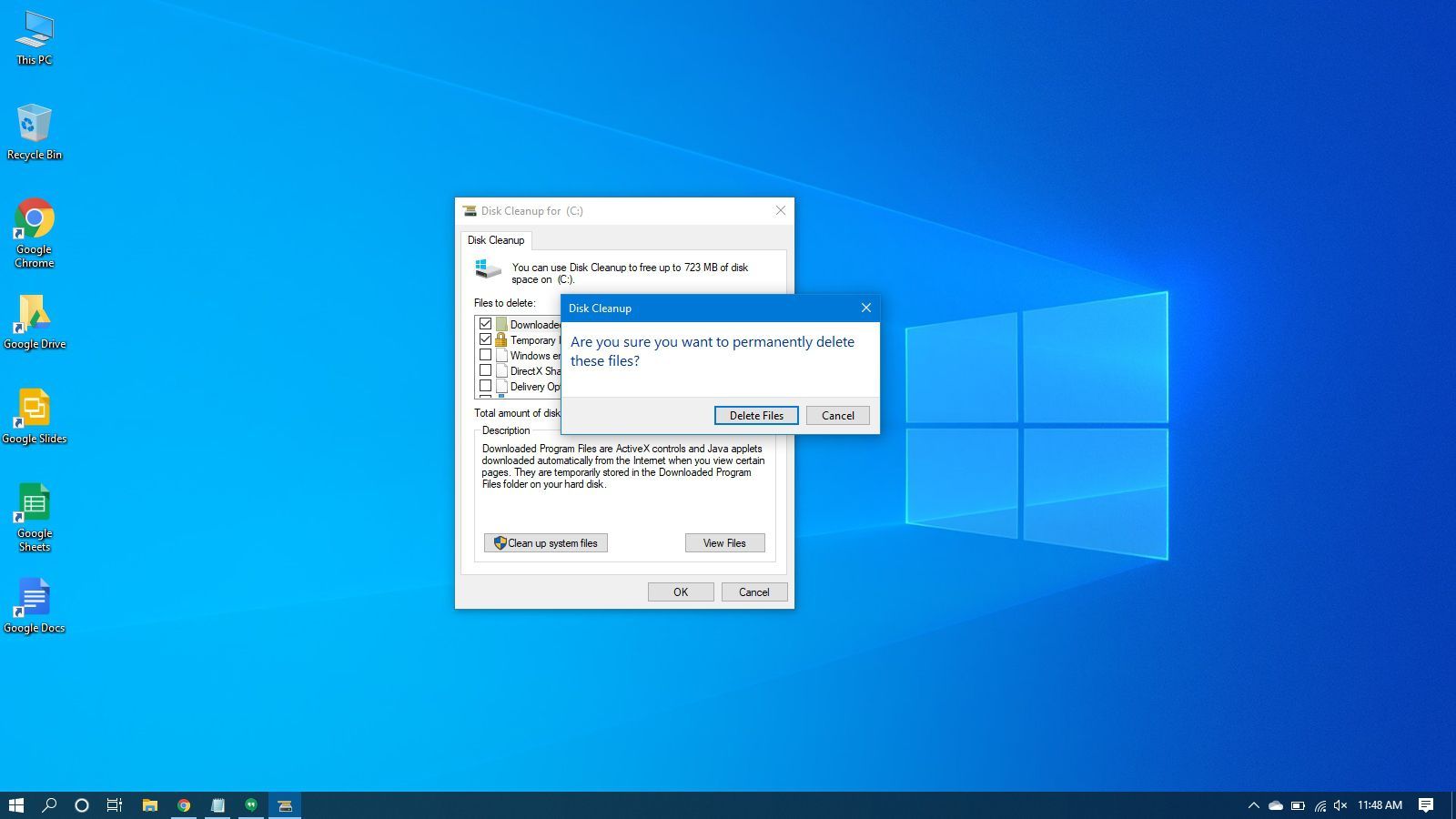 Подтверждение удаления временных файлов в Windows 10.