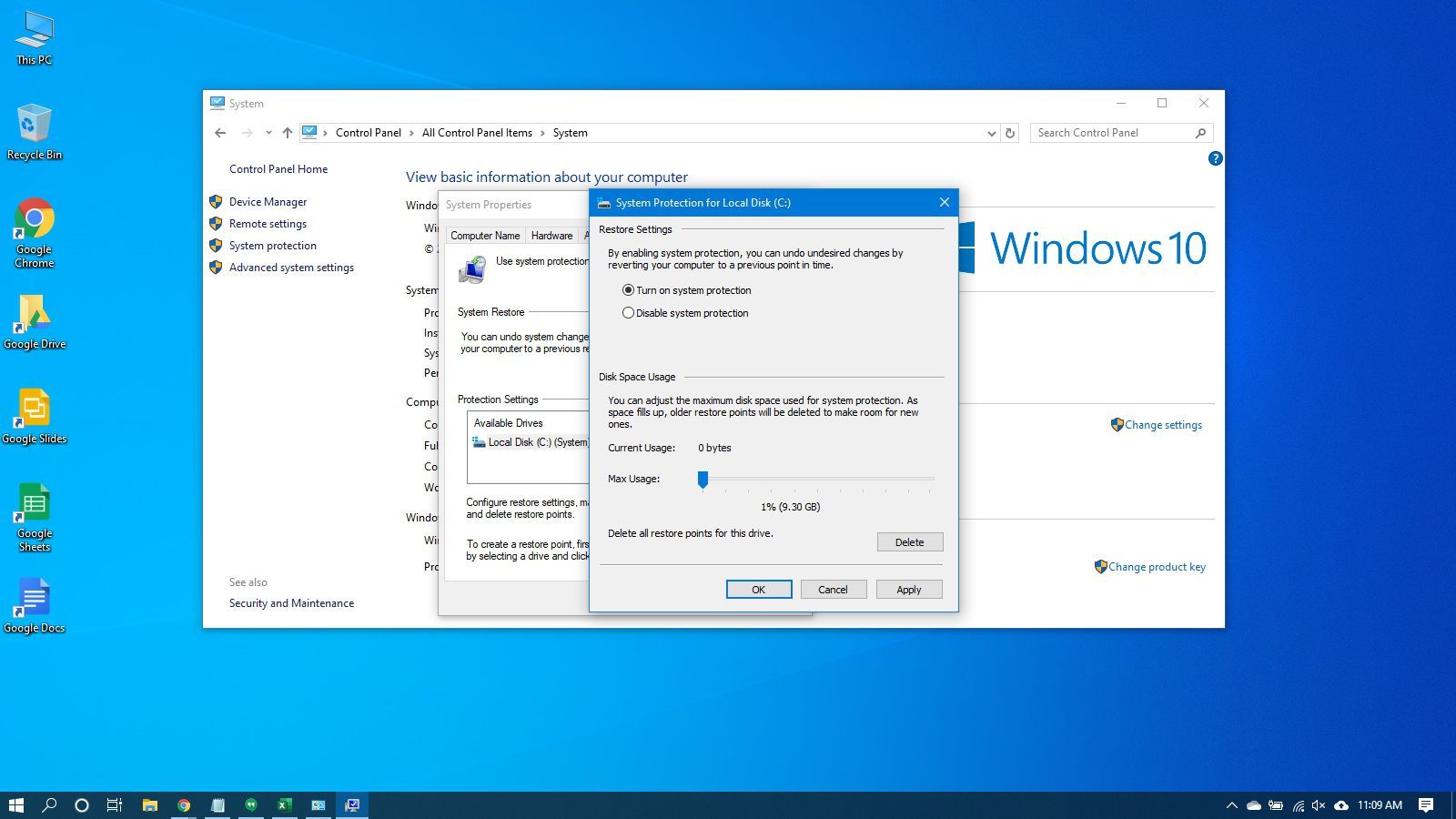 Защита системы в Windows 10.