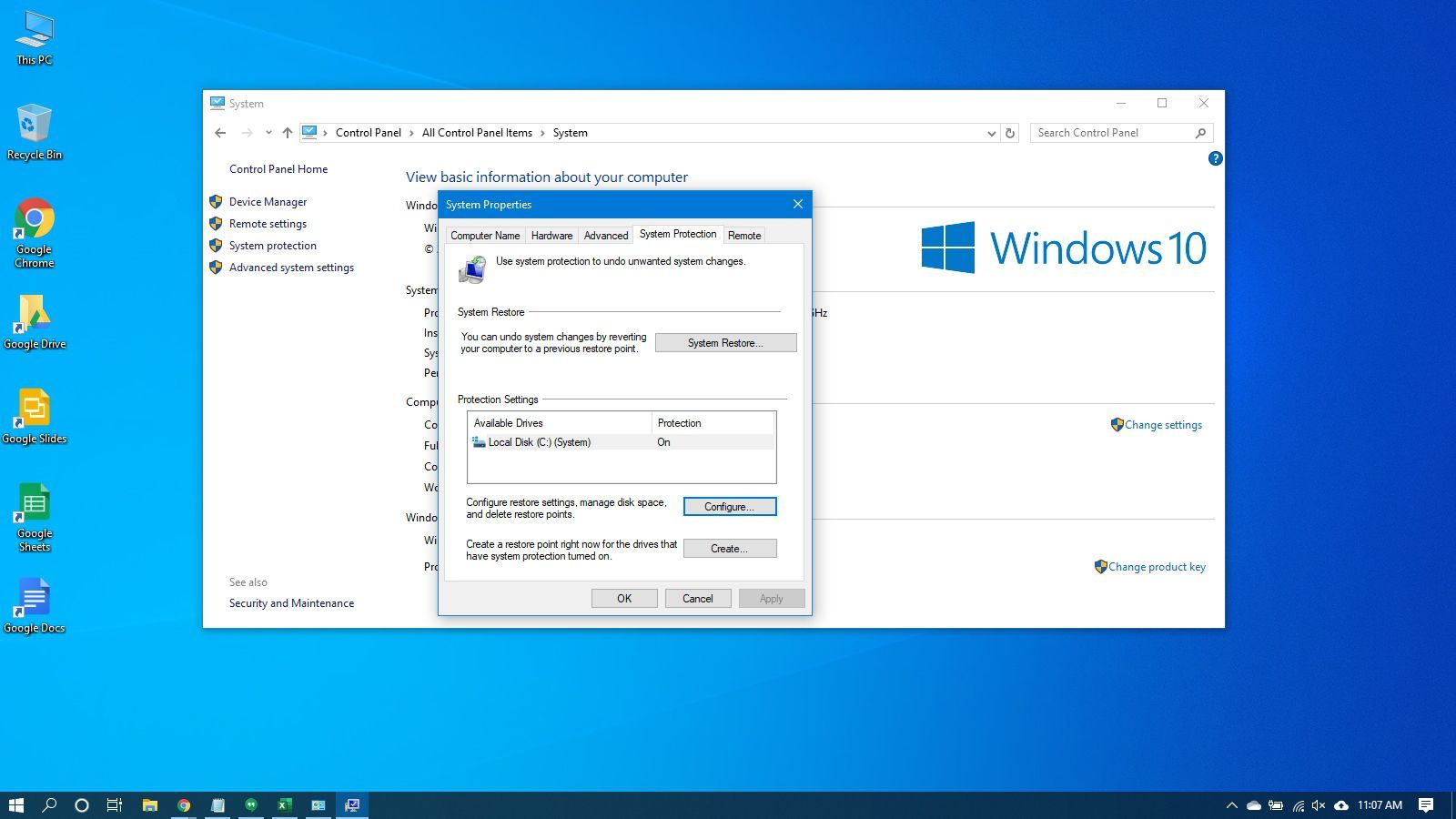 Настройка точки восстановления в Windows 10.