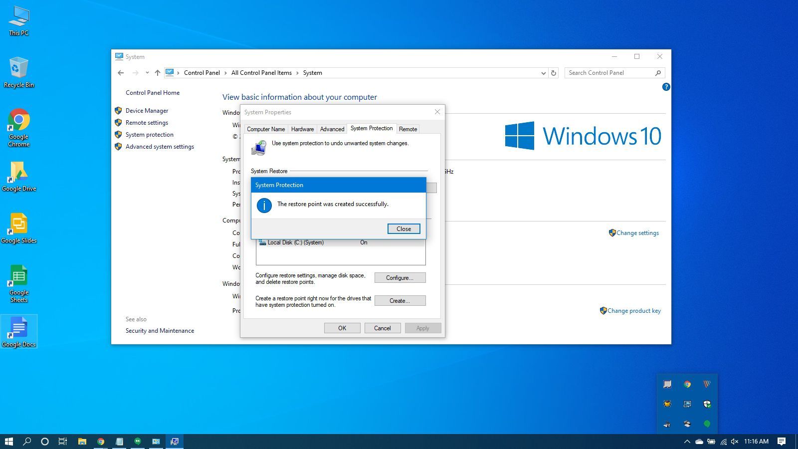 Подтверждение успешной точки восстановления в Windows 10.