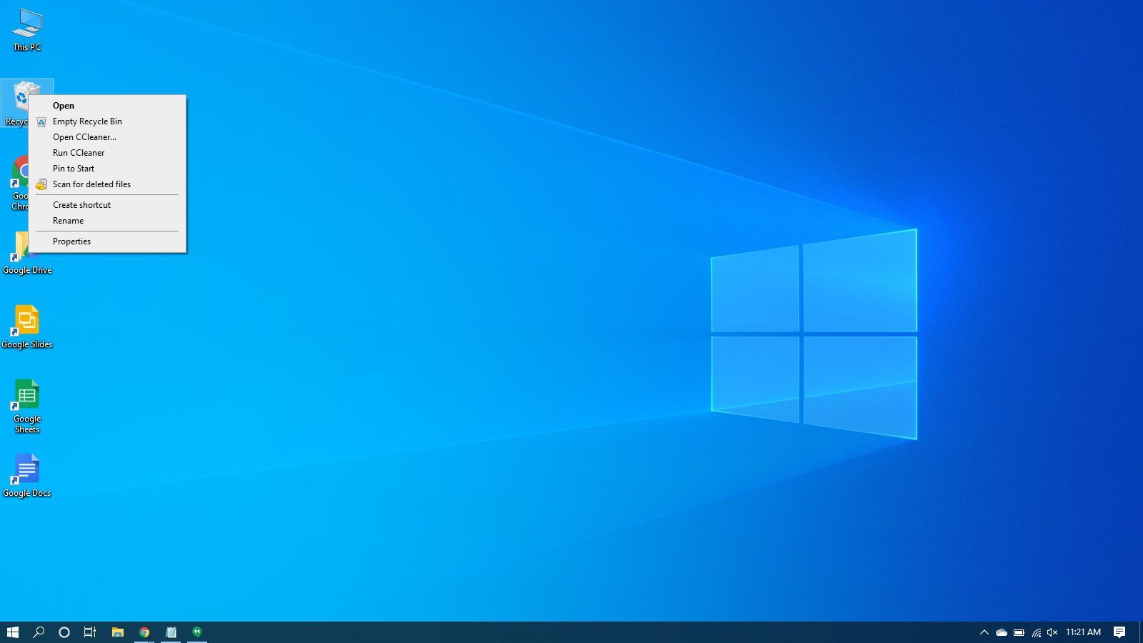 Щелкните правой кнопкой мыши контекстное меню корзины в Windows 10.