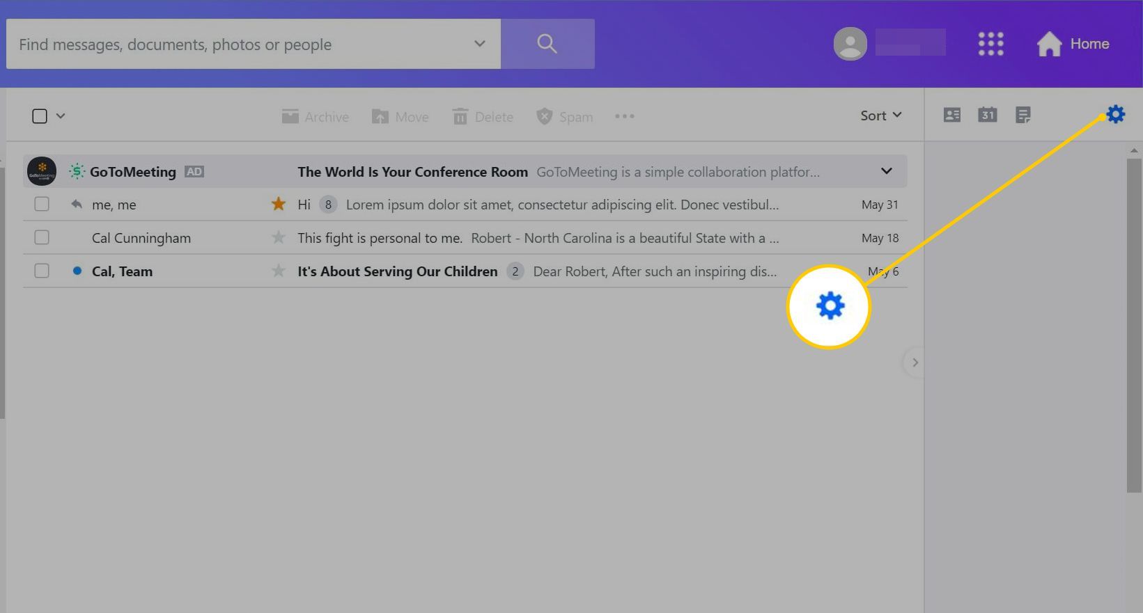 Значок шестеренки в Yahoo Mail в Интернете