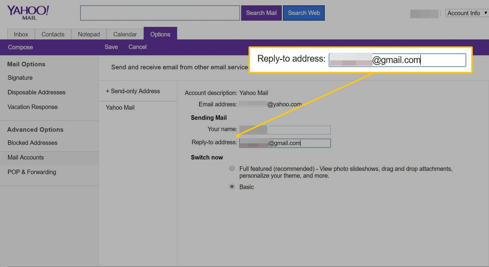 Адрес для ответа в Yahoo Mail Basic.