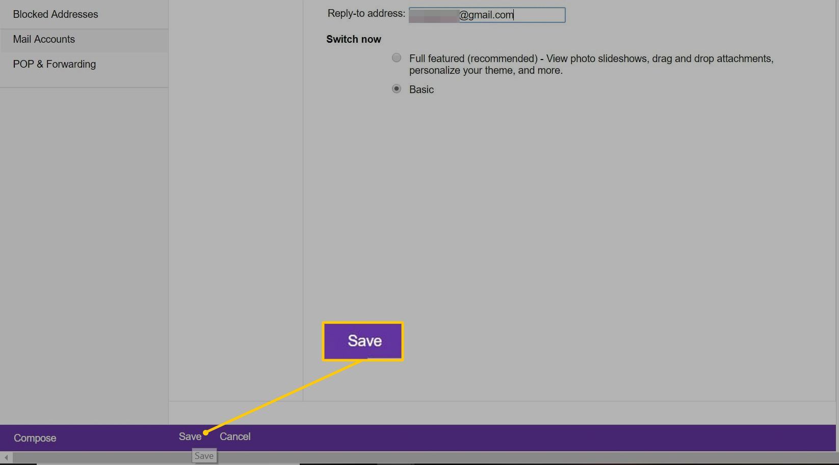 Кнопка Сохранить в Yahoo Mail Basic