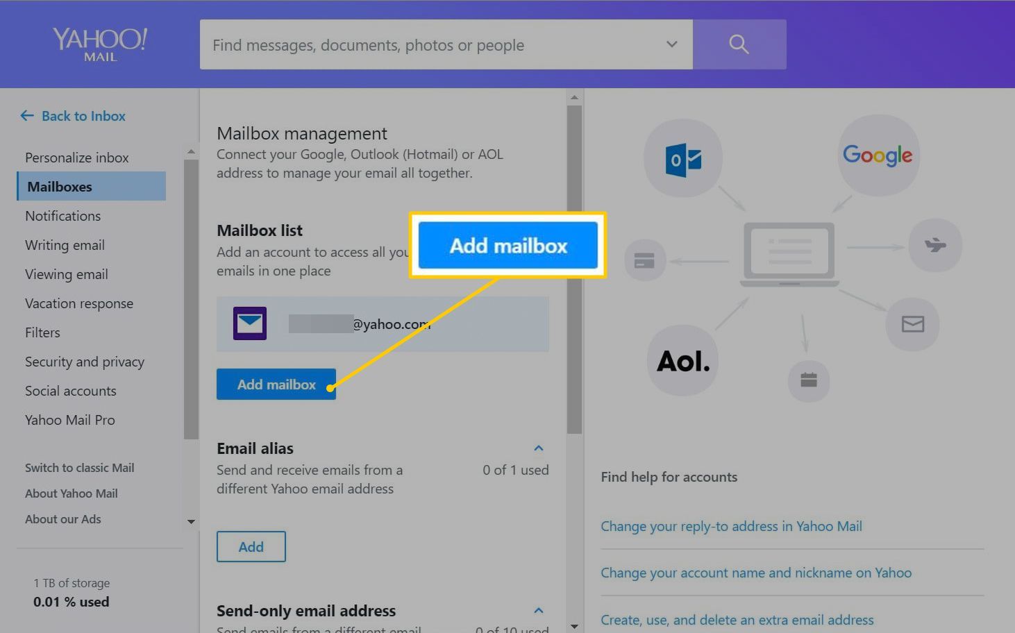 Кнопка добавления почтового ящика в Yahoo Mail